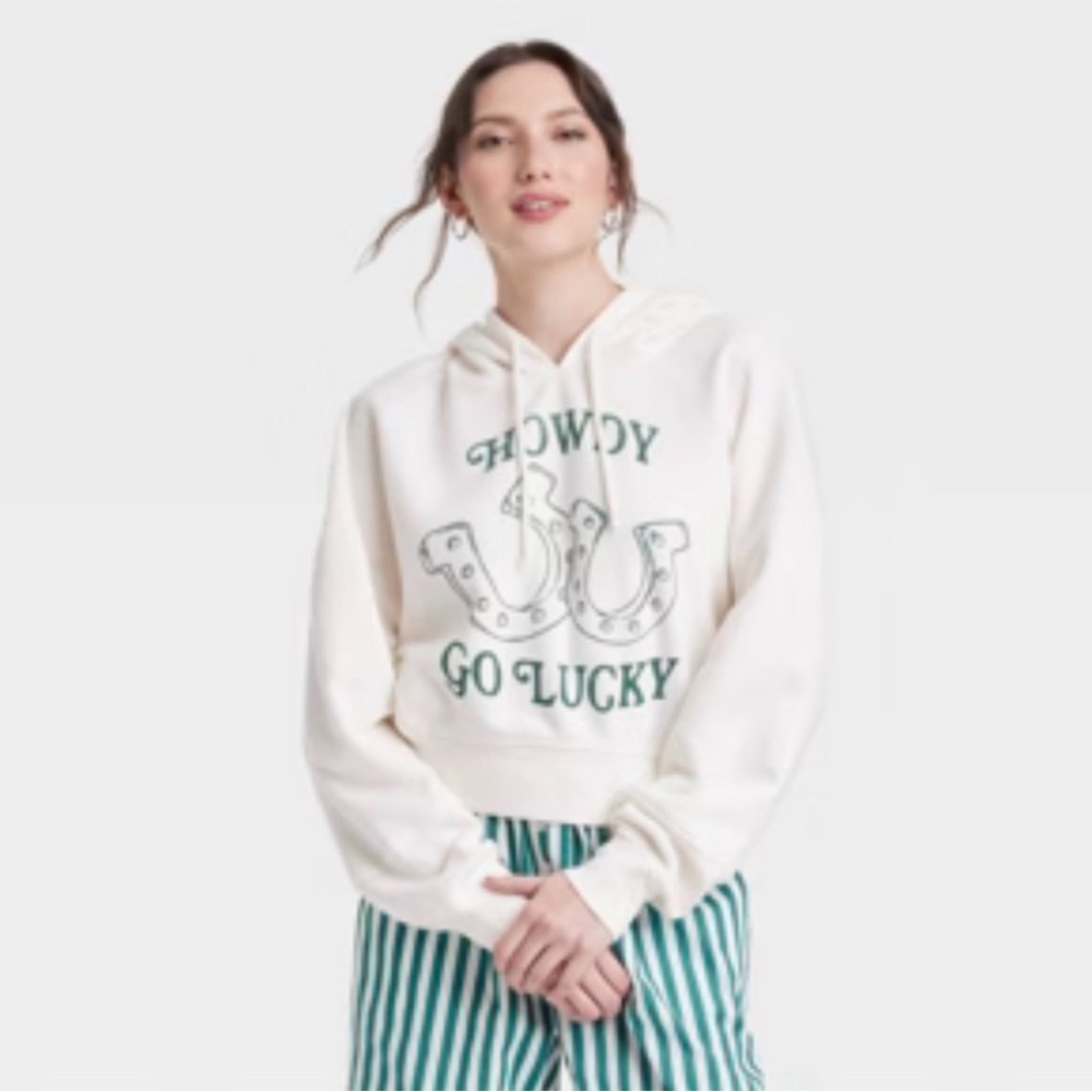 Grayson Threads Cream Hoodie in size M. Matching stripped bottoms in size XS.